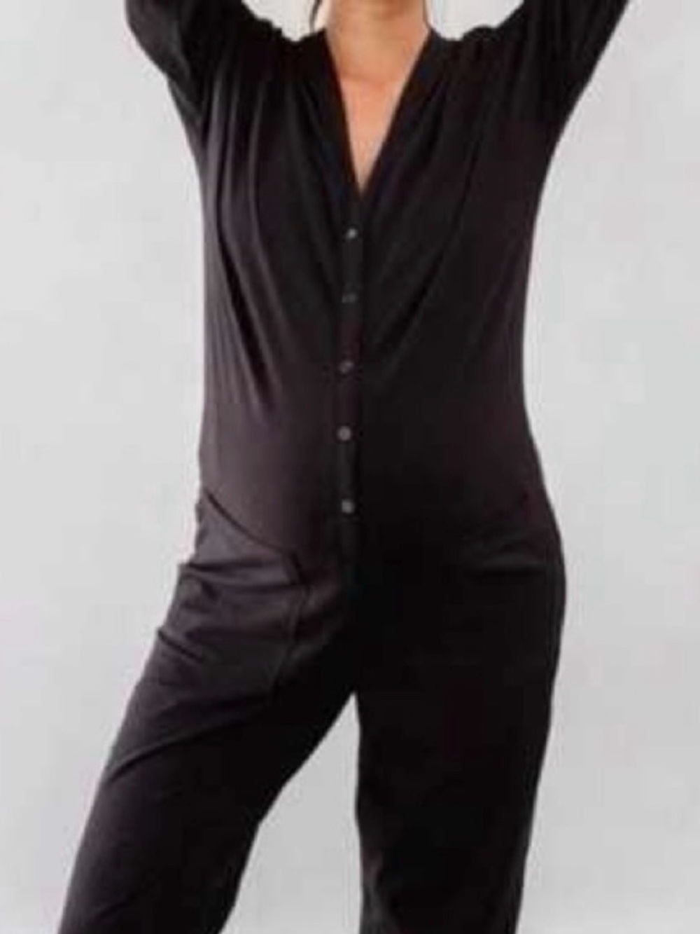 Storq Classic Women's Maternity Black Button-Front Jumpsuit V-Neck